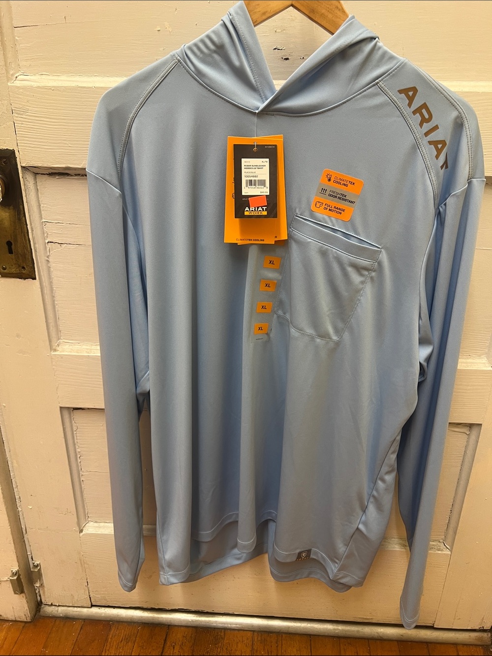 NWT M’s Ariat Rebar Sunblocker Hooded LS Shirt- Placid Blue